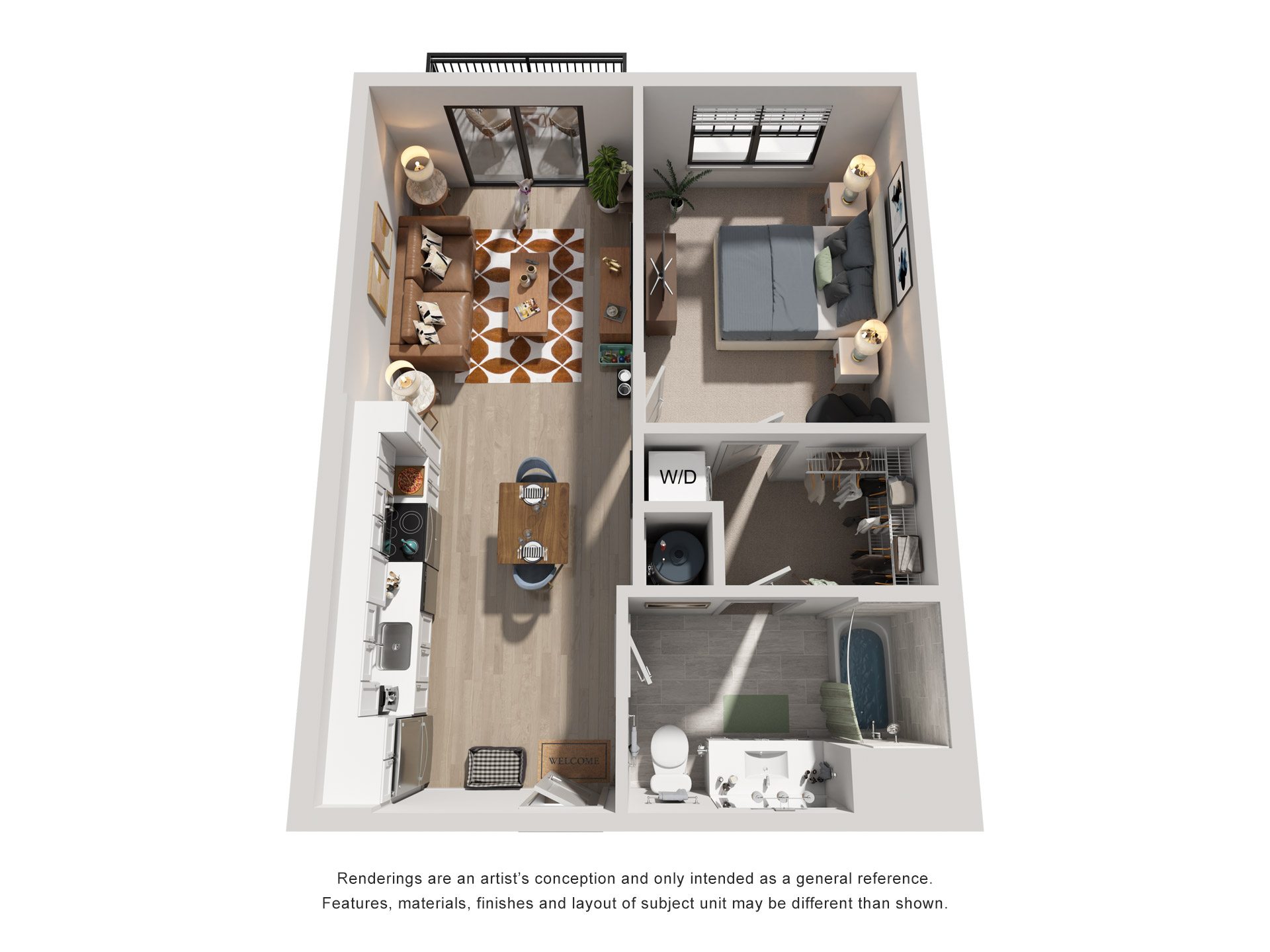 Floor plan for 1 bed, 1 bath, 799 sqft